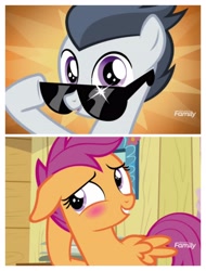 Size: 3106x4096 | Tagged: safe, edit, edited screencap, screencap, character:rumble, character:scootaloo, species:pegasus, species:pony, ship:rumbloo, episode:marks and recreation, g4, my little pony: friendship is magic, blushing, colt, female, glasses, male, shipping, straight
