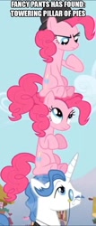 Size: 462x1080 | Tagged: safe, edit, edited screencap, screencap, character:fancypants, character:pinkie pie, species:earth pony, species:pony, species:unicorn, episode:too many pinkie pies, g4, my little pony: friendship is magic, clone, cropped, female, image macro, male, mare, pinkie clone, sitting, sitting on head, stallion, team fortress 2