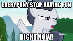 Size: 960x540 | Tagged: safe, edit, edited screencap, screencap, character:rumble, species:pegasus, species:pony, episode:marks and recreation, g4, my little pony: friendship is magic, colt, discovery family logo, frown, glare, image macro, male, meme, no fun allowed, open mouth, raised hoof, solo
