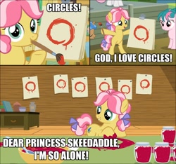 Size: 1200x1124 | Tagged: safe, edit, edited screencap, screencap, character:kettle corn, species:earth pony, species:pony, episode:marks and recreation, g4, my little pony: friendship is magic, circle, circle painting, female, filly, foal, i'm so alone, image macro, meme, strawberry jam, that pony sure does love circles