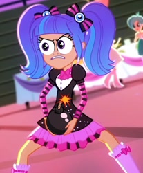 Size: 644x776 | Tagged: safe, edit, edited screencap, screencap, eqg summertime shorts, my little pony:equestria girls, bomb, boom, clothing, crazy face, dancing, edited edit, eye, eyes, faec, meme, pixel pizazz, shoes, special eyes, weapon