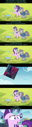 Size: 960x3840 | Tagged: safe, edit, edited screencap, screencap, character:maud pie, character:starlight glimmer, character:tempest shadow, species:earth pony, species:pony, species:unicorn, episode:rock solid friendship, g4, my little pony: friendship is magic, my little pony: the movie (2017), canterlot, canterlot castle, close-up, comic, cropped, glowing horn, grin, happy, kite, kite flying, levitation, magic, meadow, mountain, ponyville, screencap comic, smiling, smirk, telekinesis, text, tree