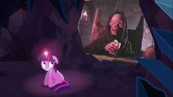Size: 1280x720 | Tagged: safe, edit, edited screencap, screencap, character:twilight sparkle, species:pony, species:unicorn, episode:a canterlot wedding, g4, my little pony: friendship is magic, cave meme, crypt keeper, exploitable meme, female, floppy ears, mare, meme, sitting, tales from the crypt