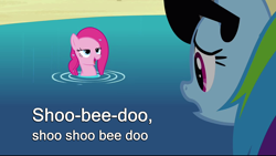 Size: 1280x720 | Tagged: safe, edit, edited screencap, screencap, character:pinkie pie, character:rainbow dash, species:sea pony, episode:too many pinkie pies, g4, my little pony: friendship is magic, duo, image macro, lidded eyes, pond, shoo be doo, sunglasses, wet mane
