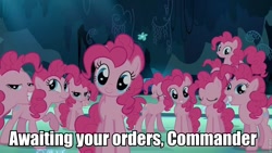Size: 960x540 | Tagged: safe, edit, edited screencap, screencap, character:pinkie pie, episode:too many pinkie pies, g4, my little pony: friendship is magic, awaiting orders, clone, image macro, lidded eyes, looking at you, mid-blink screencap, multeity, pinkie clone, too much pink energy is dangerous
