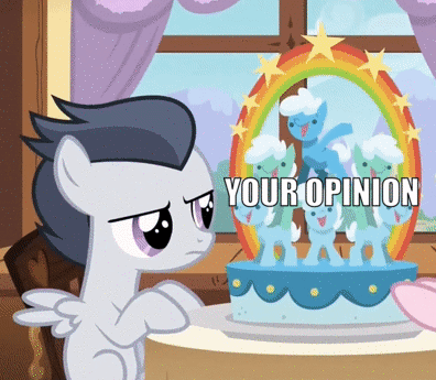 Size: 396x345 | Tagged: safe, edit, edited screencap, screencap, character:rumble, species:pegasus, species:pony, episode:marks and recreation, g4, my little pony: friendship is magic, animated, cake, caption, colt, food, gif, into the trash it goes, male, opinion, reaction image, your opinion