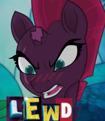 Size: 513x588 | Tagged: safe, edit, edited screencap, screencap, character:tempest shadow, species:pony, species:unicorn, my little pony: the movie (2017), blushing, broken horn, bust, caption, expand dong, exploitable meme, eye scar, female, image macro, lewd, meme, scar, solo