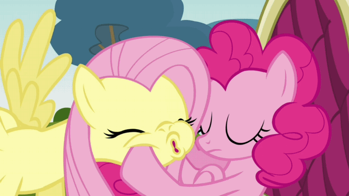 Size: 720x405 | Tagged: safe, edit, edited screencap, screencap, character:fluttershy, character:pinkie pie, episode:too many pinkie pies, g4, my little pony: friendship is magic, animated, dashface, duo, face grab, loop, reversed, squishy, squishy cheeks