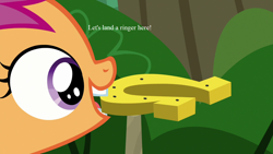 Size: 1280x720 | Tagged: safe, edit, edited screencap, screencap, character:scootaloo, species:pegasus, species:pony, episode:marks and recreation, g4, my little pony: friendship is magic, horseshoes, mouth hold, scootaloo will show us games to play, text