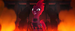 Size: 1366x565 | Tagged: safe, edit, edited screencap, screencap, character:tempest shadow, species:pony, my little pony: the movie (2017), armor, broken horn, curved horn, female, mare, open up your eyes, singing, solo, the making of my little pony movie