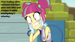 Size: 1280x720 | Tagged: safe, edit, edited screencap, screencap, character:sour sweet, equestria girls:friendship games, g4, my little pony: equestria girls, my little pony:equestria girls, clothing, eyelid pull, female, furious, gloves, image macro, meme, obligatory pony, pulling, solo