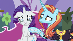 Size: 1404x790 | Tagged: safe, edit, edited screencap, screencap, character:rarity, character:sassy saddles, species:pony, species:unicorn, episode:forever filly, g4, my little pony: friendship is magic, crying, duo, female, floppy ears, font, mare