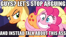 Size: 1024x576 | Tagged: safe, edit, edited screencap, screencap, character:applejack, character:pinkie pie, episode:shadow play, g4, my little pony: friendship is magic, applebutt, butt touch, butthug, caption, faceful of ass, hug, image macro, meme, pinkie hugging applejack's butt, plot, this will end in pain, unamused, upset