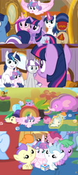 Size: 1920x4320 | Tagged: safe, edit, edited screencap, screencap, character:coconut palm, character:cranberry pit, character:cream puff, character:ginger tea, character:grape stem, character:night light, character:princess cadance, character:princess flurry heart, character:shining armor, character:twilight sparkle, character:twilight sparkle (alicorn), character:twilight velvet, species:alicorn, species:pony, episode:once upon a zeppelin, g4, my little pony: friendship is magic, baby, baby pony, cloudy winds, cotton chip, diaperless edit, nude edit, nudity