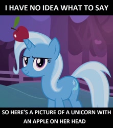 Size: 882x1000 | Tagged: safe, edit, edited screencap, screencap, character:trixie, species:pony, species:unicorn, episode:uncommon bond, g4, my little pony: friendship is magic, apple, cute, diatrixes, female, food, horn impalement, looking at you, mare, meme, outdoors, smiling, solo, standing, text