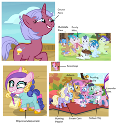 Size: 2147x2266 | Tagged: safe, edit, edited screencap, screencap, character:coconut palm, character:cranberry pit, character:cream puff, character:grape stem, character:kettle corn, character:mocha berry, character:pipsqueak, character:princess cadance, character:princess flurry heart, character:raspberry sorbet, character:rumble, character:skeedaddle, character:tulip swirl, species:alicorn, species:earth pony, species:pegasus, species:pony, species:unicorn, episode:marks and recreation, episode:once upon a zeppelin, g4, my little pony: friendship is magic, baby, baby pony, cadance mask, cloudy winds, colt, cotton chip, cropped, female, filly, foal, male, mare, name suggestions, power chord, screencap (pony), scribble pad, stallion