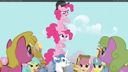Size: 1920x1080 | Tagged: safe, edit, edited screencap, screencap, character:cherry berry, character:daisy, character:dizzy twister, character:fancypants, character:lemon hearts, character:orange swirl, character:pinkie pie, character:rainbowshine, character:sunshower raindrops, character:twinkleshine, species:earth pony, species:pegasus, species:pony, species:unicorn, episode:too many pinkie pies, g4, my little pony: friendship is magic, caption, clone, female, male, mare, pinkie being pinkie, pinkie clone, sitting, stallion, youtube caption
