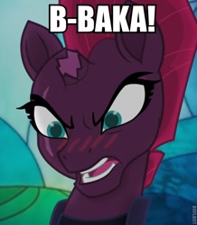 Size: 513x588 | Tagged: safe, edit, edited screencap, screencap, character:tempest shadow, species:pony, species:unicorn, my little pony: the movie (2017), baka, blushing, broken horn, bust, cute, eye scar, female, horn, image macro, impact font, mare, meme, scar, solo, tempestbetes, tsundere, tsundere shadow