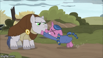Size: 360x202 | Tagged: safe, edit, edited screencap, screencap, species:earth pony, species:pony, species:unicorn, episode:shadow play, g4, my little pony: friendship is magic, animated, bell, bell tolls, braid, braided ponytail, braided tail, cartoon violence, circling stars, clothing, dazed, derp, dizzy, dress, faec, female, filly, floppy ears, frown, gif, glare, gritted teeth, hitting, home sweet pineapple, hoof hold, hunchback, hunchback of notre dame, little violet, male, mismatched eyes, pushing, quasimodo, robe, sitting, stallion, unamused, wide eyes