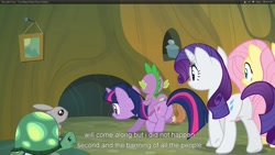 Size: 1920x1080 | Tagged: safe, edit, edited screencap, screencap, character:fluttershy, character:rarity, character:spike, character:tank, character:twilight sparkle, species:dragon, species:pony, species:rabbit, species:unicorn, episode:too many pinkie pies, g4, my little pony: friendship is magic, animal, butt, caption, dragons riding ponies, female, male, mare, plot, riding, squirrel, tortoise, youtube caption