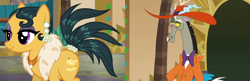 Size: 1804x584 | Tagged: safe, edit, screencap, character:cleopatra jazz, character:discord, species:draconequus, species:pony, episode:dungeons & discords, aroused, cropped, discorpatra, eyes on the prize, feather boa, female, implied shipping, interspecies, jewelry, male, pearl, shipping, straight, substitute, zoot suit