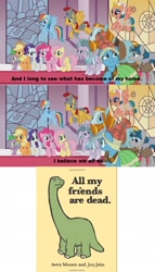 Size: 1088x1904 | Tagged: safe, edit, edited screencap, screencap, character:applejack, character:flash magnus, character:fluttershy, character:meadowbrook, character:mistmane, character:pinkie pie, character:rainbow dash, character:rarity, character:rockhoof, character:somnambula, character:spike, character:stygian, species:dragon, species:earth pony, species:pegasus, species:pony, species:unicorn, episode:shadow play, g4, my little pony: friendship is magic, all my friends are dead, dinosaur, ethereal mane, female, male, mare, reality ensues, stallion