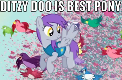 Size: 754x498 | Tagged: safe, edit, edited screencap, screencap, species:bird, species:pegasus, species:pony, episode:winter wrap up, g4, my little pony: friendship is magic, background pony, best pony, blue jay, ditzy doo, female, flock, flutter doo, flying, image macro, mare, migration, purple mane, recolor, smiling, songbird, spread wings, weather team, wings, winter wrap up vest