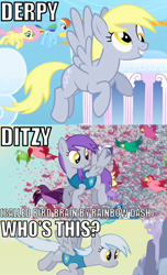 Size: 430x706 | Tagged: safe, edit, edited screencap, screencap, character:derpy hooves, species:pegasus, species:pony, episode:sonic rainboom, episode:winter wrap up, g4, my little pony: friendship is magic, background pony, cute, derpabetes, ditzy doo, female, flutter doo, flying, frosty dew, image macro, mare, purple mane, recolor, text, weather team, winter wrap up vest