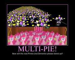 Size: 750x600 | Tagged: safe, edit, edited screencap, screencap, character:pinkie pie, episode:too many pinkie pies, g4, my little pony: friendship is magic, clone, comparison, dimentio, motivational poster, multeity, paper mario, pinkie clone, super mario bros., super paper mario, too much pink energy is dangerous