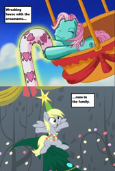 Size: 936x1394 | Tagged: safe, edit, edited screencap, screencap, character:derpy hooves, character:minty, episode:a hearth's warming tail, episode:a very minty christmas, g3, g4, my little pony: friendship is magic, candy, candy cane, christmas, christmas tree, derpy star, female, food, hearth's warming, hearth's warming eve is here once again, holiday, hot air balloon, lights, mother and daughter, oh minty minty minty, oops my bad, season 6, stars, text, text box, this will end in tears, tree