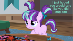Size: 1920x1080 | Tagged: safe, edit, edited screencap, screencap, character:starlight glimmer, species:dragon, species:pony, species:unicorn, episode:uncommon bond, g4, my little pony: friendship is magic, age regression, board game, crying, dragon pit, female, filly, filly starlight glimmer, magic, sad, sadlight glimmer, table, text, younger