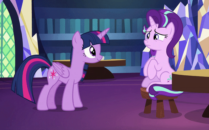 Size: 802x500 | Tagged: safe, edit, screencap, character:starlight glimmer, character:twilight sparkle, character:twilight sparkle (alicorn), species:alicorn, species:pony, species:unicorn, episode:uncommon bond, g4, my little pony: friendship is magic, animated, book, caption, cropped, cute, duo, duo female, female, frown, gasp, gif, glimmerbetes, happy, hug, pounce, sitting, smiling, smuglight sparkle, stool, table, text, twiabetes, twilight's castle, twilight's castle library, walking