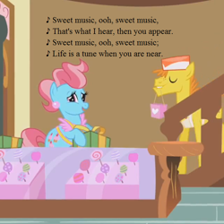 Size: 640x640 | Tagged: safe, edit, edited screencap, screencap, character:carrot cake, character:cup cake, ship:carrot cup, episode:applebuck season, g1, g4, my little pony tales, my little pony: friendship is magic, candy, cropped, female, food, g1 to g4, generation leap, lollipop, lyrics, male, present, shipping, song reference, straight, sugarcube corner, text