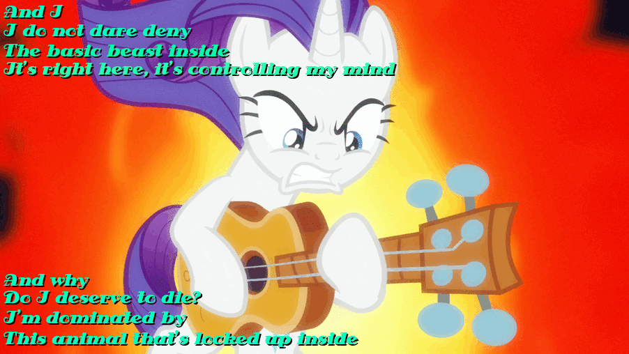 Size: 902x508 | Tagged: safe, edit, edited screencap, screencap, character:rarity, episode:honest apple, g4, my little pony: friendship is magic, animated, bipedal, fire, gif, guitarity, korn, metal as fuck