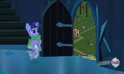 Size: 1200x720 | Tagged: safe, edit, edited screencap, screencap, character:spike, character:twilight sparkle, episode:the crystal empire, g4, my little pony: friendship is magic, exploitable meme, hub logo, meme, mr. bones' wild ride, rollercoaster tycoon, the ride never ends, the scary door