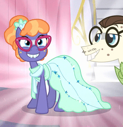 Size: 412x427 | Tagged: safe, edit, edited screencap, screencap, character:frazzle rock, character:gizmo, species:earth pony, species:pony, episode:canterlot boutique, g4, my little pony: friendship is magic, acne, adorkable, animated, bow tie, broken glasses, bucktooth, clothing, cropped, cute, dork, dress, duo, female, frazzlebetes, gif, gizzle, grin, male, mare, nerd, nerd pony, shiny, shipping, smiling, stallion, straight, vector, when she smiles