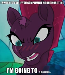 Size: 513x588 | Tagged: safe, edit, edited screencap, screencap, character:fizzlepop berrytwist, character:tempest shadow, species:pony, species:unicorn, my little pony: the movie (2017), blushing, caption, female, image macro, mare, meme, solo, tsundere, tsundere shadow