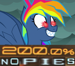 Size: 1226x1089 | Tagged: safe, edit, edited screencap, screencap, character:evil pie hater dash, character:rainbow dash, episode:secrets and pies, g4, my little pony: friendship is magic, 200% mad, adorapiehater, caption, cute, expand dong, exploitable meme, female, flying, glowing eyes, glowing eyes meme, image macro, meme, metal gear, metal gear rising, nightmare, solo