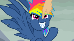 Size: 960x540 | Tagged: safe, edit, screencap, character:evil pie hater dash, character:rainbow dash, species:pegasus, species:pony, episode:secrets and pies, g4, my little pony: friendship is magic, adorapiehater, boop, boop edit, cute, dashabetes, evil grin, female, glare, grin, hand, looking up, mare, sharp teeth, smiling, smirk, solo focus, spread wings, teeth, wings