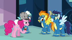 Size: 1920x1080 | Tagged: safe, edit, edited screencap, screencap, character:fleetfoot, character:pinkie pie, character:soarin', character:spitfire, species:pony, episode:secrets and pies, g4, my little pony: friendship is magic, bhm, clothing, fat, fat edit, pie, that pony sure does love pies, uniform, wonderbolts, wonderbolts uniform