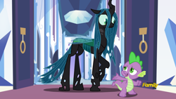 Size: 948x533 | Tagged: safe, edit, edited screencap, screencap, character:queen chrysalis, character:spike, species:changeling, species:dragon, episode:the times they are a changeling, g4, my little pony: friendship is magic, a better ending for chrysalis, alternate ending, alternate scenario, awkward, changeling queen, character development, crystal empire, cute, cutealis, discovery family logo, dork, dorkalis, duo, fake screencap, female, folded wings, former queen chrysalis, good end, insecure, looking away, male, nervous, parody, raised hoof, redemption, reformed, shy, smiling, throne room, vector, vector edit, what if
