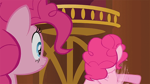 Size: 500x281 | Tagged: safe, edit, edited screencap, screencap, character:pinkie pie, episode:too many pinkie pies, g4, my little pony: friendship is magic, animated, betcha can't make a face crazier than this, clone, meme, nigel thornberry, pinkie clone, smashing (meme)