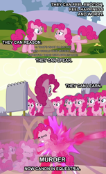 Size: 640x1049 | Tagged: safe, edit, edited screencap, screencap, character:pinkie pie, species:earth pony, species:pony, episode:too many pinkie pies, g4, my little pony: friendship is magic, caption, clone, comic, female, imminent death, implied murder, mare, meta, pinkie clone, pinkie clone debate, screencap comic