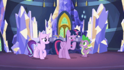 Size: 1280x720 | Tagged: safe, edit, edited screencap, screencap, character:spike, character:starlight glimmer, character:twilight sparkle, character:twilight sparkle (alicorn), species:alicorn, species:dragon, species:pony, species:unicorn, episode:a royal problem, g4, my little pony: friendship is magic, animated, bald, no mane, no sound, webm