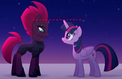 Size: 610x392 | Tagged: safe, edit, edited screencap, screencap, character:tempest shadow, character:twilight sparkle, character:twilight sparkle (alicorn), species:alicorn, species:pony, species:unicorn, my little pony: the movie (2017), eye contact, female, height difference, looking at each other, mare, size comparison, tempest shadow is tall