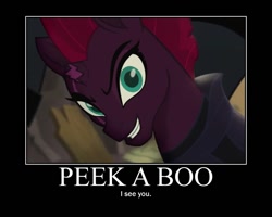 Size: 750x600 | Tagged: safe, edit, edited screencap, screencap, character:tempest shadow, my little pony: the movie (2017), bronybait, cute, evil grin, female, grin, happy, motivational poster, peekaboo, pretty pretty tempest, silly little ponies, smiling, smirk, solo, tempestbetes