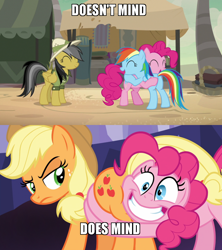 Size: 800x900 | Tagged: safe, edit, edited screencap, screencap, character:applejack, character:daring do, character:pinkie pie, character:rainbow dash, derpibooru, episode:daring done, episode:shadow play, g4, my little pony: friendship is magic, applejack is not amused, butt touch, butthug, faceful of ass, hoof on butt, hug, juxtaposition, meme, meta, pinkie hugging applejack's butt, plot, unamused