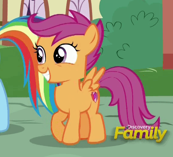 Size: 573x521 | Tagged: safe, edit, edited screencap, screencap, character:rainbow dash, character:scootaloo, species:pegasus, species:pony, episode:newbie dash, g4, my little pony: friendship is magic, animated, animation error, cutie mark, discovery family logo, error, family guy, gif, giggity, glitch, headbob, loop, offscreen character, quagmire, the cmc's cutie marks, wat