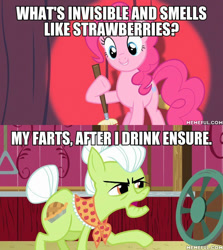 Size: 600x674 | Tagged: safe, edit, edited screencap, screencap, character:granny smith, character:pinkie pie, episode:baby cakes, episode:where the apple lies, g4, my little pony: friendship is magic, image macro, meme, the boondocks