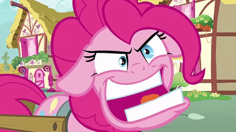 Size: 480x270 | Tagged: safe, edit, edited screencap, screencap, character:pinkie pie, episode:secrets and pies, g4, my little pony: friendship is magic, animated, extreme speed animation, faec, female, floppy ears, gif, loop, nom, reversed, solo, underbite, wat